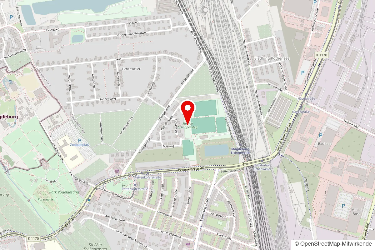 Kartenausschnitt: Sportplatz Schöppensteg 27 in Magdeburg-Neue Neustadt, Zufahrt über den Nixeweg